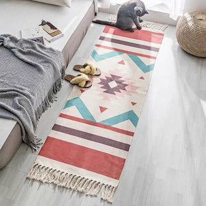 Retro Bohemian Hand Tassel Woven Cotton Linen Carpet Bedside Rug Geometric Floor Mat Long Rug Bedspread Tapestry Home Decoration