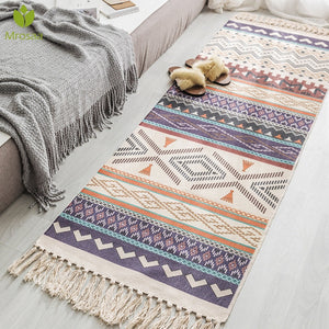 Retro Bohemian Hand Tassel Woven Cotton Linen Carpet Bedside Rug Geometric Floor Mat Long Rug Bedspread Tapestry Home Decoration